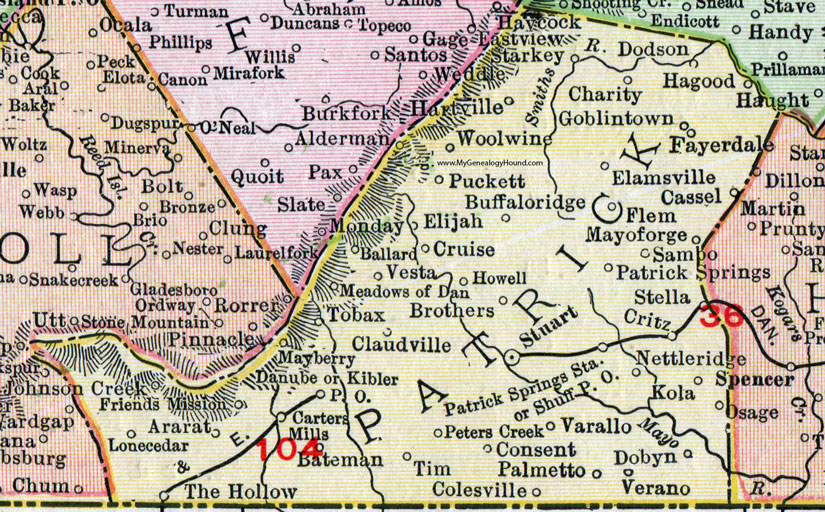 Patrick County, Virginia, Map, 1911, Rand McNally, Stuart, Carters Mills, Goblintown, Critz, Woolwine, Puckett, Sambo, Mayoforge, Patrick Springs, Kola, Palmetto, Dobyn, Verano, Varallo, Elamsville, Ararat, Friends Mission, Tobax