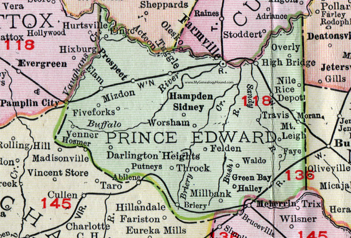 Prince Edward County, Virginia, Map, 1911, Rand McNally, Farmville, Hampden Sidney, Throck, Darlington Heights, Mizdon, Elam, Tuggle, Rice Depot, Overly, Nile, Travis, Moran, Worsham, Mt. Leigh, Waldo, Green Bay, Putneys, Briery, Felden, Hailey, Millbank, Venner