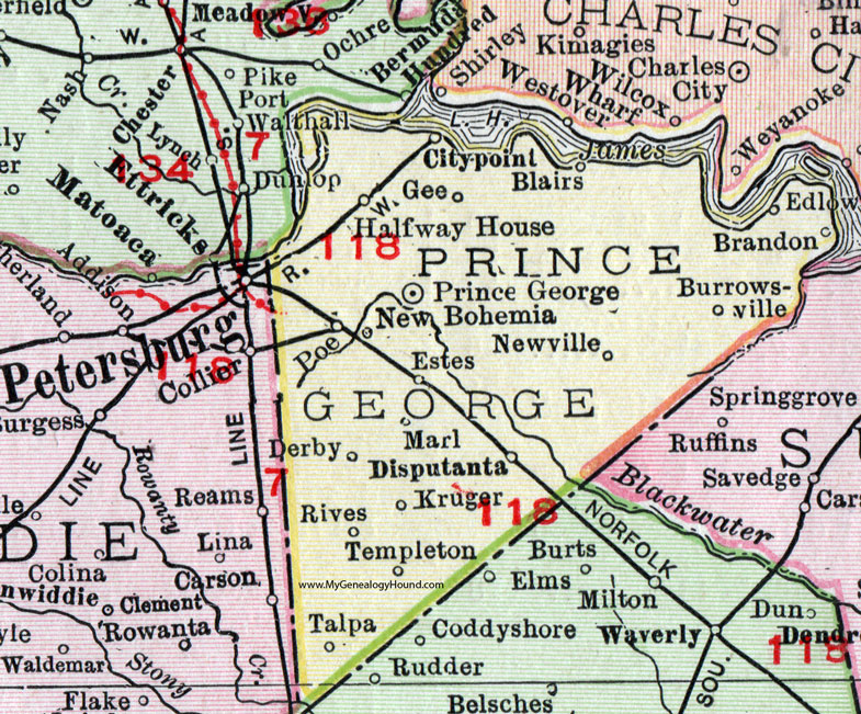 Prince George County, Virginia, Map, 1911, Rand McNally, Templeton, New Bohemia, City Point, Disputanta, Kruger, Talpa, Rives, Marl, Derby, Estes, Burrowsville, Edlow, Brandon, Newville, Gee, Blairs, Poe, Halfway House