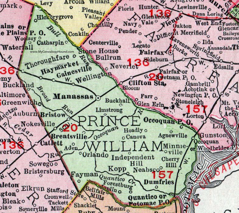Prince William County, Virginia, Map, 1911, Rand McNally, Manassas, Woodbridge, Dumfries, Quantico, Haymarket, Bristow, Brentsville, Gainesville, Occoquan, Limstrong, Wellington, Catharpin, Canova, Kopp, Joplin, Hoadley, Woolsey, Buckland, Greenwich, Fayman