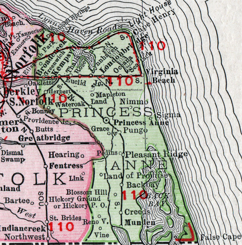Princess Anne County, Virginia, Map, 1911, Rand McNally, Virginia Beach, Kempsville, London Bridge, Lynnhaven, Cape Henry, Rosemont, Greenwich, Broadcreek, Mapleton, Pungo, Bonney, Sigma, Pedins, Munden, Land of Promise