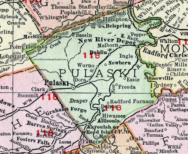 Pulaski County, Virginia, Map, 1911, Rand McNally, Dublin, Melborn, Allisonia, Cowan, New River Depot, Ingle, Newbern, Belle Hampton, Belspring, Sassin, Wurno, Draper, Mecca, Freeda, Radford Furnace, Snowville, Essie, Wurno