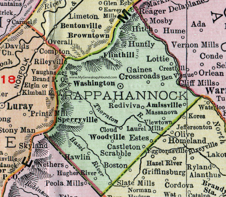Rappahannock County, Virginia, Map, 1911, Rand McNally, Washington, Flint Hill, Sperryville, Ben Venue, Rediviva, Amissville, Scrabble, Hawlin, Woodville, Laurel Mills, Reager, Gaines Crossroads, Estes, Viewtown, Cloud