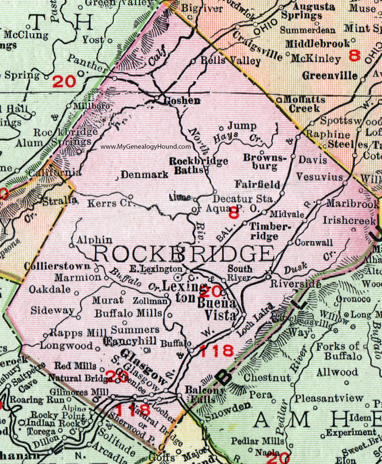 Rockbridge County, Virginia, Map, 1911, Rand McNally, Lexington, Buena Vista, Glasgow, Natural Bridge, Fairfield, Brownsburg, Gilmores Mill, Red Mills, Rapps Mill, Buffalo Mills, Vesuvius, Marlbrook, Zollman, Alphin, Goshen, Loch Laird, Balcony Falls
