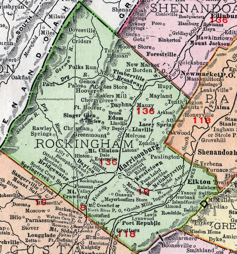 Rockingham County, Virginia, Map, 1911, Rand McNally, Harrisonburg, Elkton, Bridgewater, Timberville, Broadway, Grottoes, Edom, Lacey Spring, Linville, Port Republic, Mt. Crawford, Spring Creek, Dayton, Singer Glen, Keezletown, McGahneysville, Goods Mill