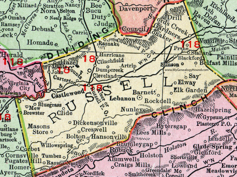 Russell County, Virginia, Map, 1911, Rand McNally, Lebanon, Castlewood, Honaker, Cleveland, Clinchfield, Nunley, Tumbez, Ravens Nest, Bolton, Dickensonville, Creswell, Elway, Rasnake, Carterton, Belfast Mills, Artrip