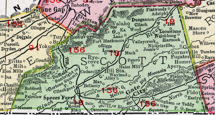 Scott County, Virginia, Map, 1911, Rand McNally, Gate City, Speers Ferry, Clinchport, Fort Blackmore, Valaho, Verdi, Adelphia, Dungannon, Welchburg, Hales Mill, Bellamy, Yuma, Duffield, Pattonsville, Bloomer