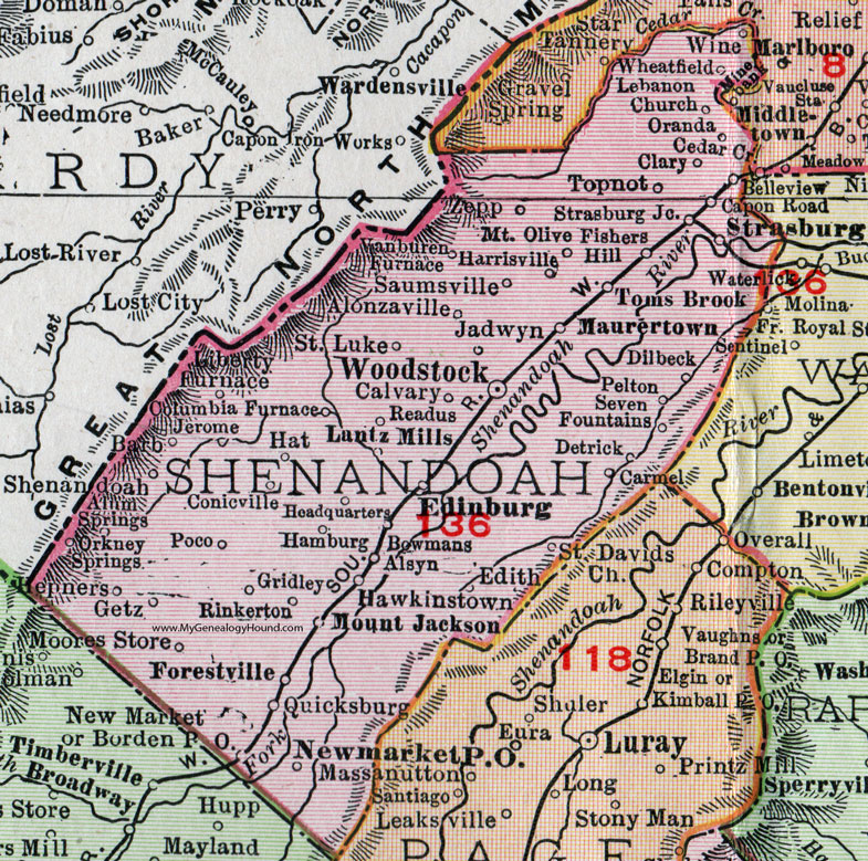 Shenandoah County, Virginia, Map, 1911, Rand McNally, Woodstock, Edinburg, Strasburg, Maurertown, Lantz Mills, Mount Jackson, New Market, Forestville, Hepners, Quicksburg, Conicville, Alonzaville, Saumsville, Topnot, Dilbeck, Hawkinstown, Detrick, Jadwyn