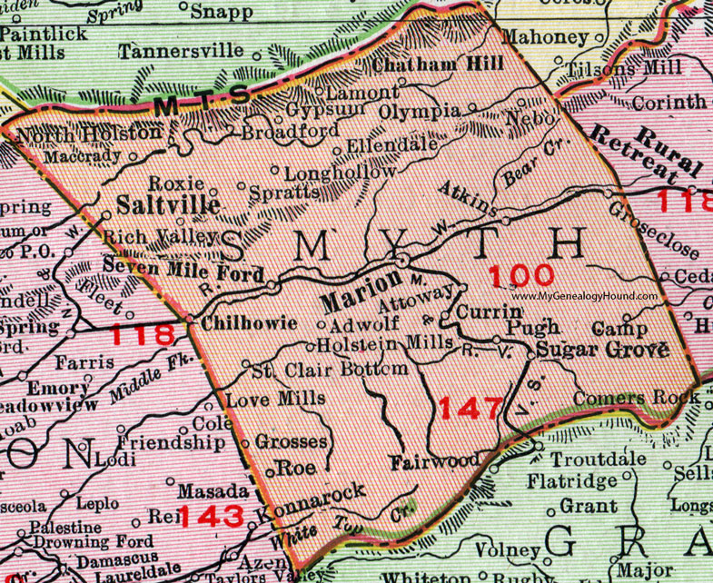 Smyth County, Virginia, Map, 1911, Rand McNally, Marion, Saltville, Chilhowie, Seven Mile Ford, Chatham Hill, Sugar Grove, Attoway, Adwolf, Holstein Mills, Currin, Pugh, Atkins, Lamont, Spratts, Roxie, Maccrady, Broadford, Groseclose