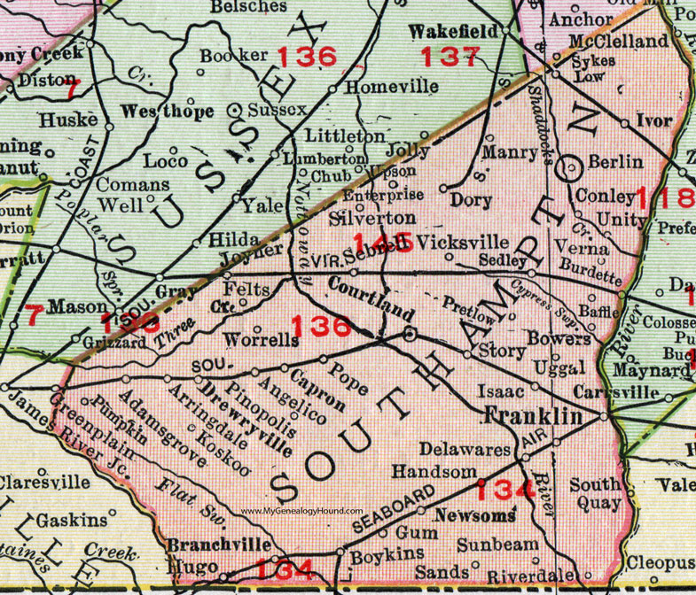 Southampton County, Virginia, Map, 1911, Rand McNally, Courtland, Franklin, Drewryville, Branchville, Capron, Newsoms, Vicksville, Silverton, Uggal, Handsom, Newsoms, Boykins, Angelico, Pinopolis, Worrells, Sebrell