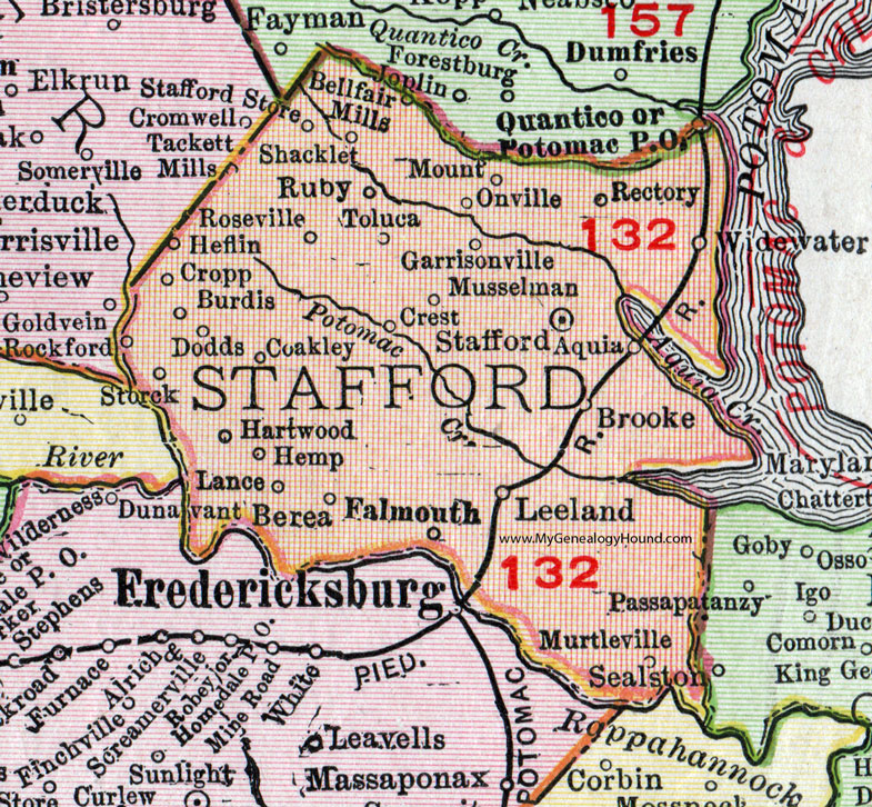 Stafford County, Virginia, Map, 1911, Rand McNally, Falmouth, Roseville, Musselman, Garrisonville, Leeland, Rectory, Stafford Store, Bellfair Mills, Burdis, Heflin, Toluca, Shacklet, Storck, Widewater, Murtleville, Hartwood, Aquia