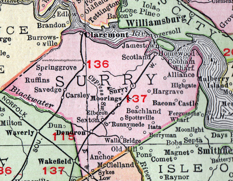 Surry County, Virginia, Map, 1911, Rand McNally, Claremont, Dendron, Bacons Castle, Sykes, Ruffins, Savedge, Carsley, Moorings, Sexton, Elberon, Spottsville, Runnymede, Beachland, Anchor, Hargrave, Itata, Scotland