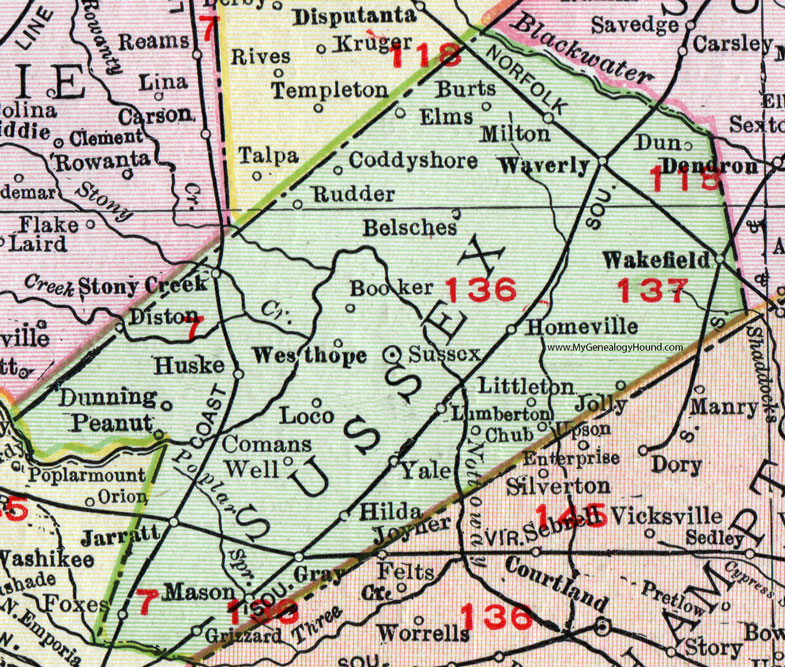 Sussex County, Virginia, Map, 1911, Rand McNally, Wakefield, Waverly, Stony Creek, Lumberton, Comans Well, Belsches, Coddyshore, Loco, Westhope, Huske, Dunning, Grizzard, Rudder, Yale, Booker, Jolly, Homeville