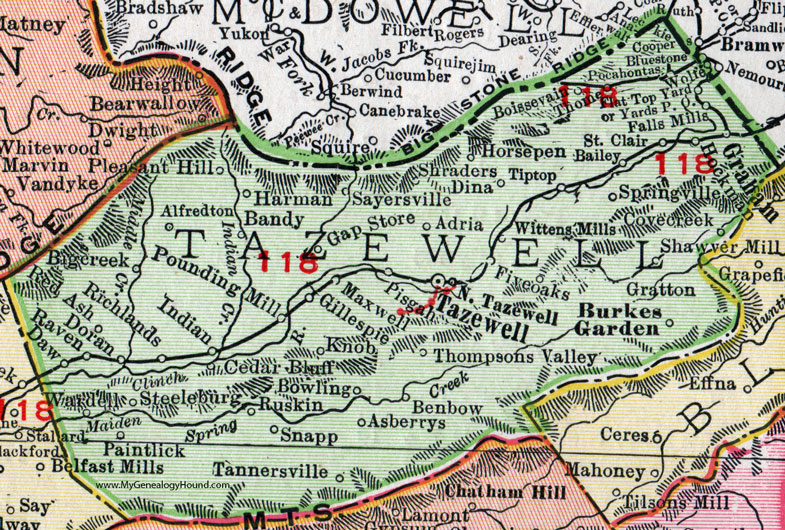 Tazewell County, Virginia, Map, 1911, Rand McNally, Graham, Burkes Gardens, Richlands, Cedar Bluff, Tannersville, Paintlick, Pounding Mill, Sayersville, Falls Mills, Gratton, Benbow, Asberrys, Pocahontas, Ruskin, Bandy, Shraders