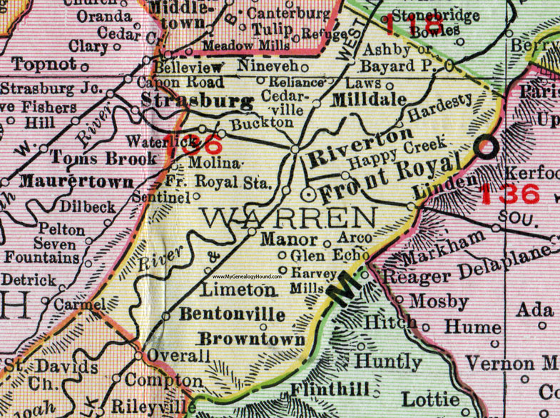 Warren County, Virginia, Map, 1911, Rand McNally, Front Royal, Riverton, Milldale, Bentonville, Browntown, Limeton, Manor, Sentinel, Buckton, Linden, Harvey Mills, Arco, Molina, Glen Echo, Bayard, Ashby, Cedarville, Ninevah