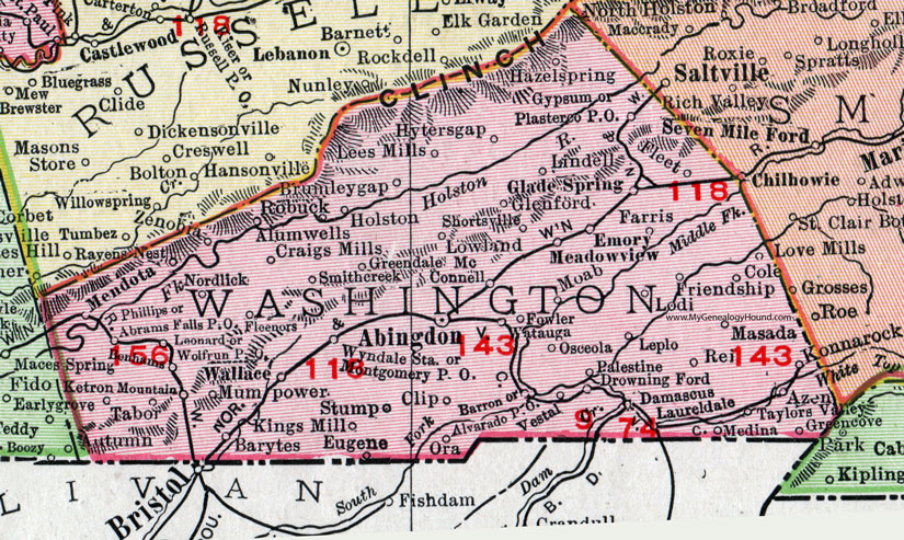 Washington County, Virginia, Map, 1911, Rand McNally, Abingdon, Glade Spring, Damascus, Emory, Meadowview, Wallace, Masada, McConnell, Kings Mill, Craigs Mill, Holston, Brumley Gap, Hyters Gap, Shortsville, Watauga