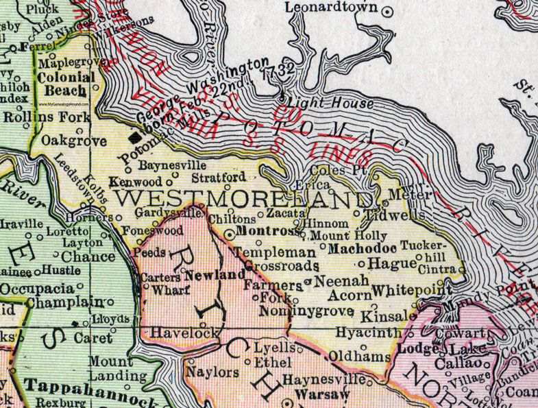 Westmoreland County, Virginia, Map, 1911, Rand McNally, Montross, Colonial Beach, Potomac Mills, Baynesville, Gardysville, Stratford, Zacata, Hi0nnom, Machodoc, Neenah, Nomini Grove, Kinsale, Oldhams, Kolbs, Tucker Hill, Cintra
