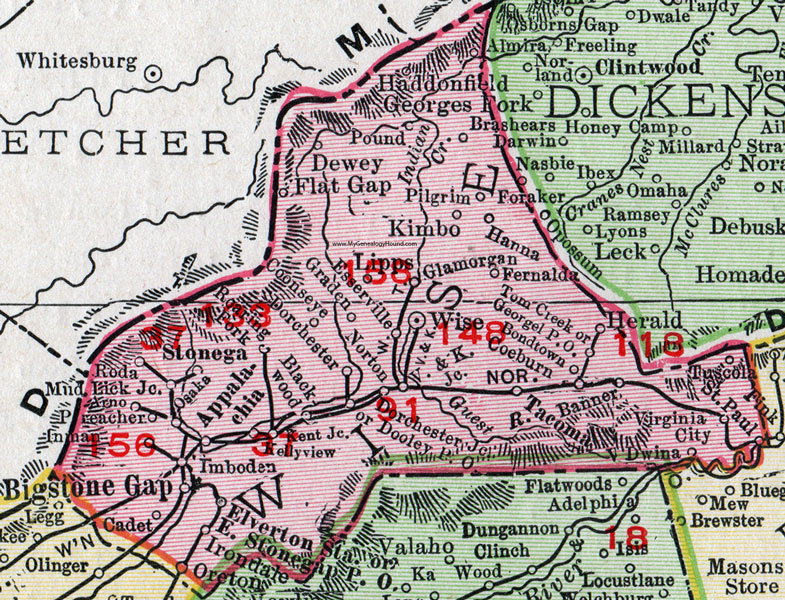 Wise County, Virginia, Map, 1911, Rand McNally, Big Stone Gap, Appalachia, Stonega, Elverton, Tacoma, Lipps, Dorchester, Esserville, Kimbo, Dewey, St. Paul, Imboden, Irondale, Blackwood, Almira