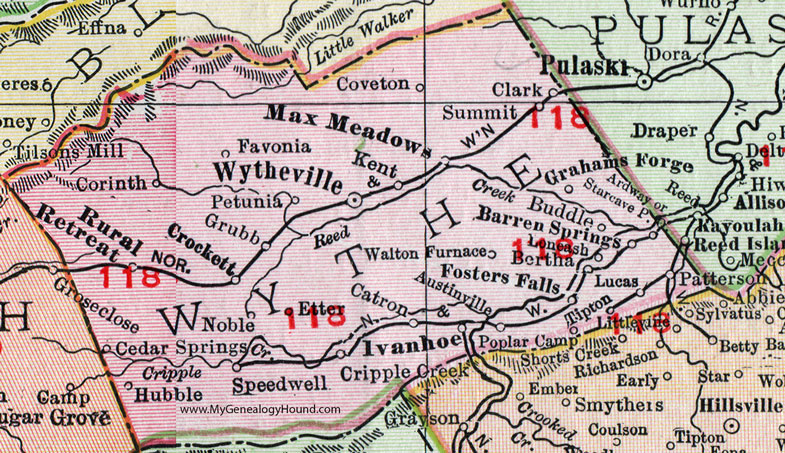 Wythe County, Virginia, Map, 1911, Rand McNally, Wytheville, Ivanhoe, Max Meadows, Rural Retreat, Crockett, Grahams Forge, Barren Springs, Ivanhoe, Fosters Fall, Crockett, Favonia, Walton Furnace, Buddle, Cripple Creek, Speedwell, Hubble