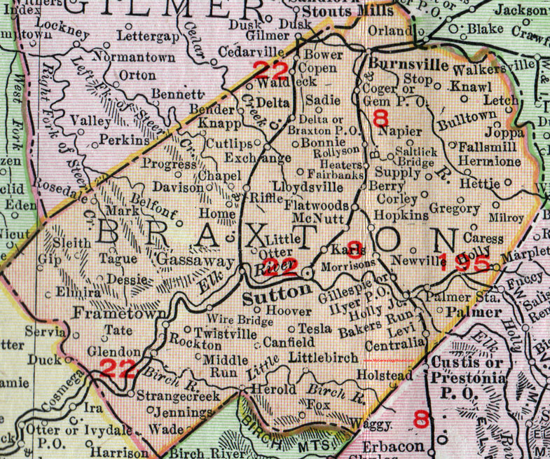 Braxton County, West Virginia 1911 Map by Rand McNally, Sutton, Burnsville, Gassaway, Flatwoods, Frametown, Glendon, Falls Mill, Heaters, Copen, Centralia, Elmira, Riffle, Twistville, Jennings, Rollyson, Bulltown, WV