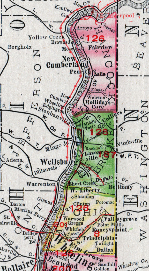 Brooke County, West Virginia 1911 Map by Rand McNally, Wellsburg, Colliers, Follansbee, Lazearville, Beech Bottom, Virginville, Bethany, Rockdale, Middle Ferry, Short Creek, WV