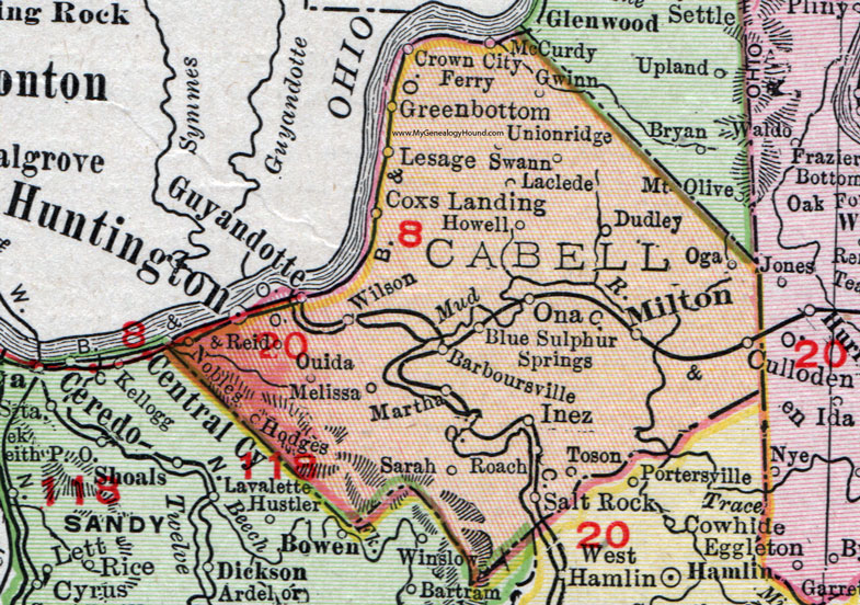Cabell County, West Virginia 1911 Map by Rand McNally, Huntington, Milton, Guyandotte, Barboursville, Culloden, Ona, Lesage, Salt Rock, Gwinn, Dudley, Toson, Ouida, Swann, McCurdy, Howell, WV