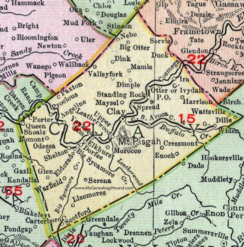 Clay County, West Virginia 1911 Map by Rand McNally, Lizemores, Maysel, Valley Fork, Ivydale, Procious, Bomont, Duck, Widen, Harrison, Dille, Morocco, Wattsville, Dofee, Mt. Pisgah, WV