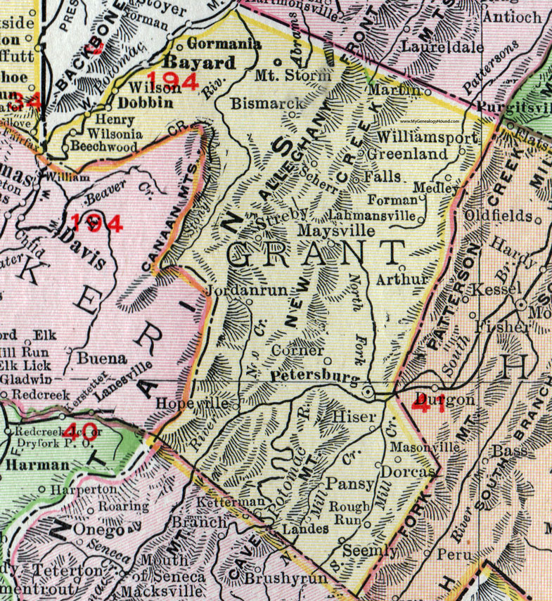 Grant County, West Virginia 1911 Map by Rand McNally, Petersburg, Bayard, Henry, Maysville, Scherr, Mt. Storm, Medley, Lahmansville, Arthur, Dorcas, Gormania, Bismarck, Hiser, Greenland, Landes, WV