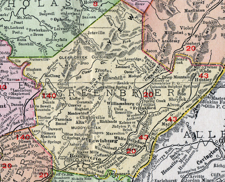 Greenbrier County, West Virginia 1911 Map by Rand McNally, Lewisburg, Ronceverte, White Sulphur Springs, Caldwell, Fort Spring, Asbury, Grassy Meadows, Rainelle, Crawley, Kieffer, Smoot, Clintonville, Meadow Bluff, Williamsburg, Frankford, WV