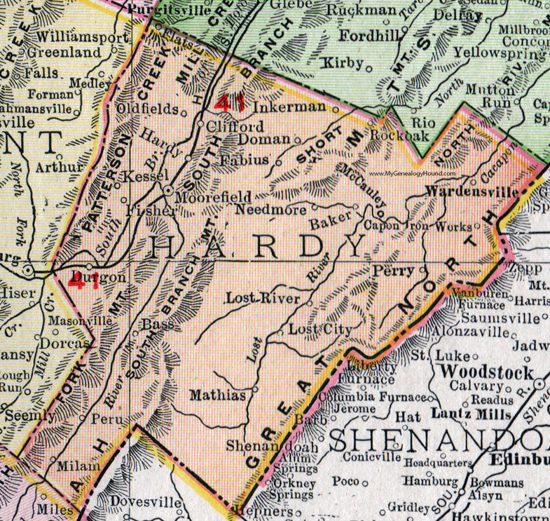 Hardy County, West Virginia 1911 Map by Rand McNally, Moorefield, Wardensville, Baker, Fisher, Oil Fields, Lost City, Lost River, Mathias, Milam, Durgon, Peru, Needmore, Doman, Inkerman, WV