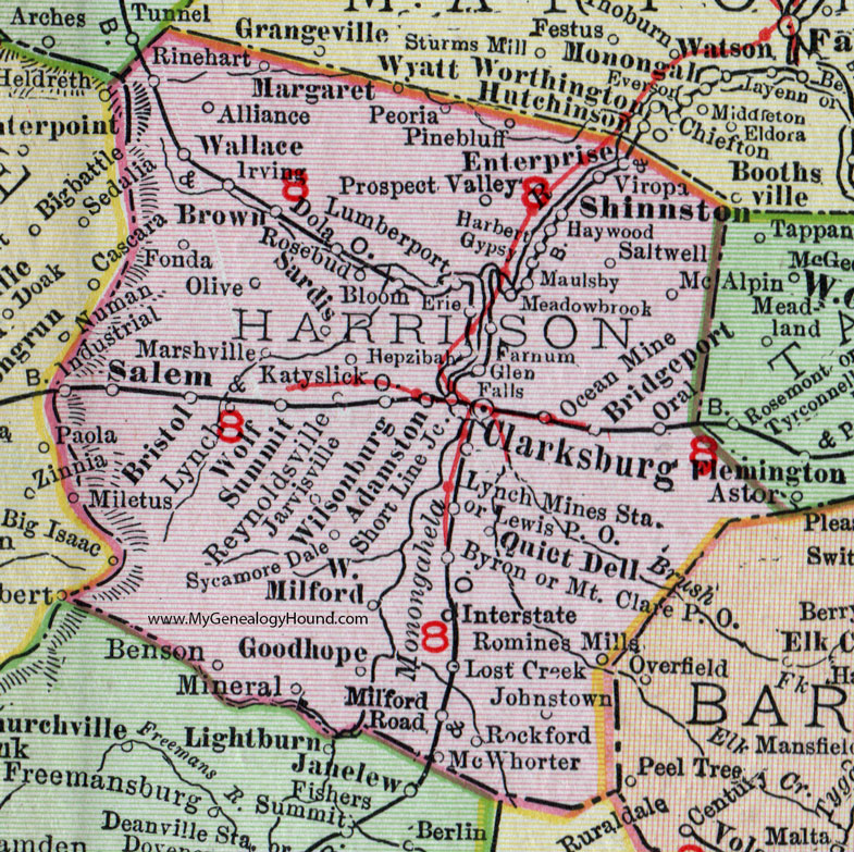 Harrison County, West Virginia 1911 Map by Rand McNally, Clarksburg, Bridgeport, Shinnston, Salem, West Milford, Goodhope, Quiet Dell, Enterprise, Haywood, Lumberport, Wolf Summit, Wilsonburg, Reynoldsville, Hepzibah, WV