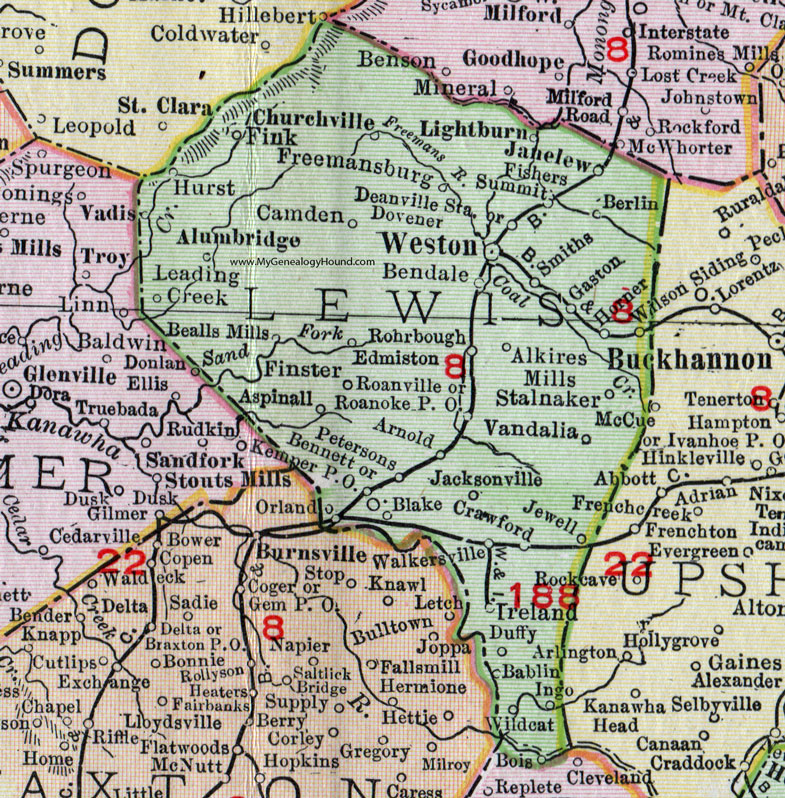Lewis County, West Virginia 1911 Map by Rand McNally, Weston, Camden, Alum Bridge, Roanoke, Jane Lew, Horner, Walkersville, Crawford, Alkires Mills, Stalnaker, Vandalia, Churchville, Fink, Finster, Aspinall, Orlando, WV