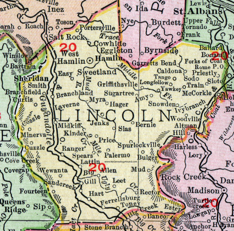 Lincoln County, West Virginia 1911 Map by Rand McNally, Hamlin, Sweetland, Griffithsville, Yawkey, Woodville, Sod, Myra, Palermo, Spurlockville, Ferrellsburg, Harts, Ranger, Midkiff, Branchland, West Hamlin, WV