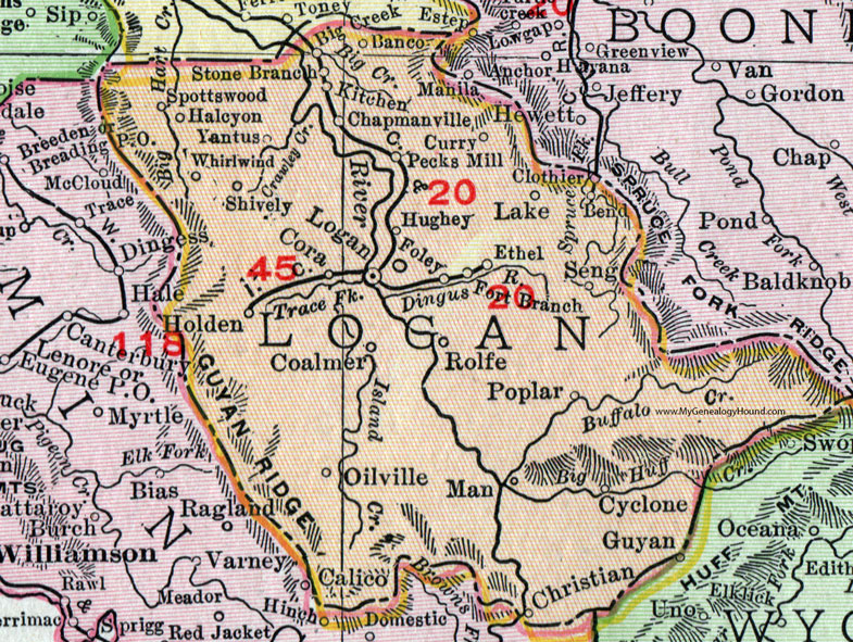 Logan County, West Virginia 1911 Map by Rand McNally, Chapmanville, Pecks Mill, Holden, Cora, Lake, Ethel, Man, Curry, Seng, Halcyon, Spottswood, Shively, Coalmer, Rolfe, Yantus, WV