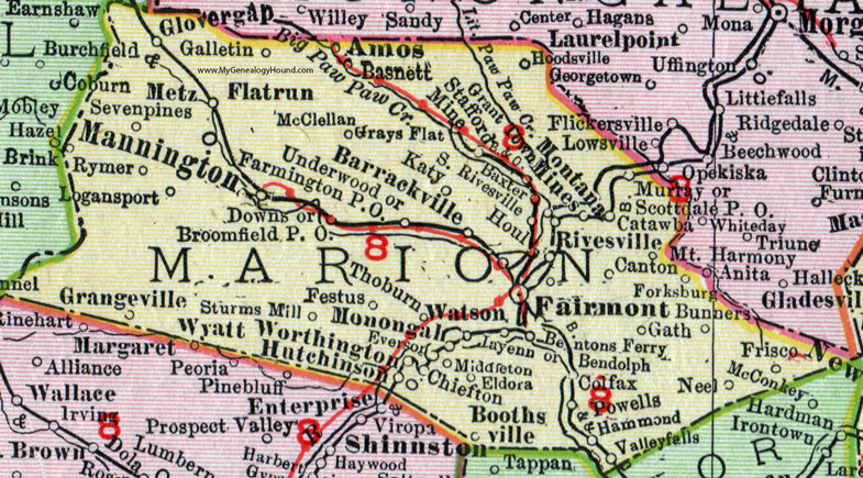 Marion County, West Virginia 1911 Map by Rand McNally, Fairmont, Mannington, Farmington, Monongah, Worthington, Barrackville, Rivesville, Baxter, Grant Town, Colfax, Metz, Sturms Mill, Chiefton, Neel, McClellan, Basnett, WV