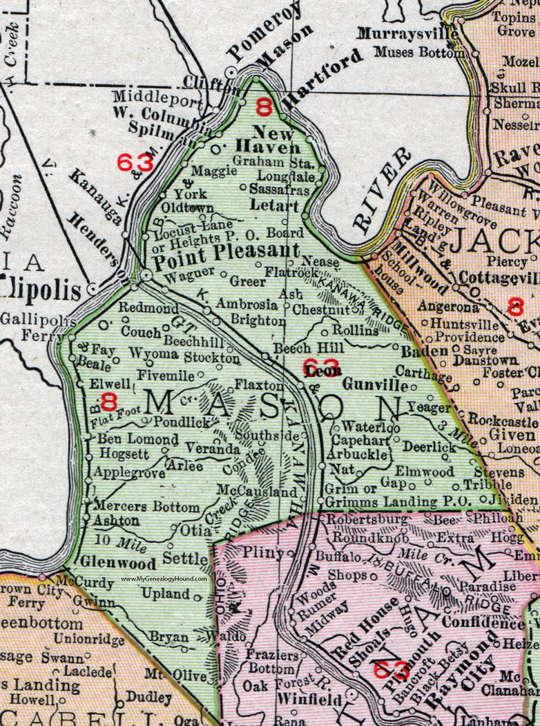 Mason County, West Virginia 1911 Map by Rand McNally, Point Pleasant, Henderson, Gallipolis Ferry, Hartford, New Haven, Brighton, Glenwood, Ashton, Apple Grove, Gunville, Letart, Wyoma, Ben Lomond, Hogsett, Arbuckle, Spilman, WV