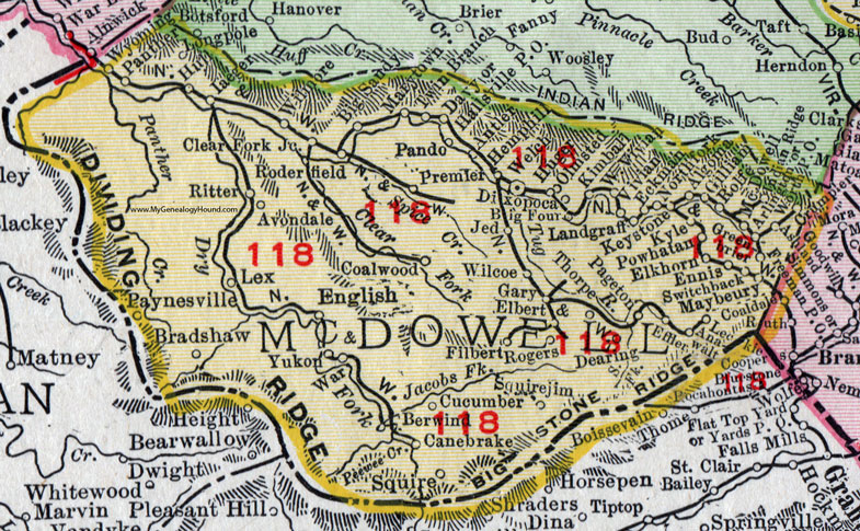 McDowell County, West Virginia 1911 Map by Rand McNally, Welch, Roderfield, Kyle, Dixopoca, Pando, Squirejim, Powhatan, Landgraff, Ritter, Bradshaw, Maybeury, Algoma, Olmsted, WV