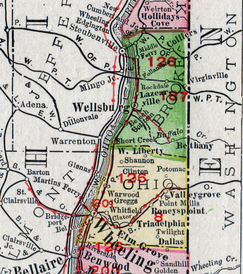 Ohio County, West Virginia 1911 Map by Rand McNally, Wheeling, Elm Grove, Triadelphia, Roneys Point, Valley Grove, West Liberty, Clator, Warwood, Greggs, Whitfield, Shannon, Clinton, Potomac, Point Mills, Warwood, WV