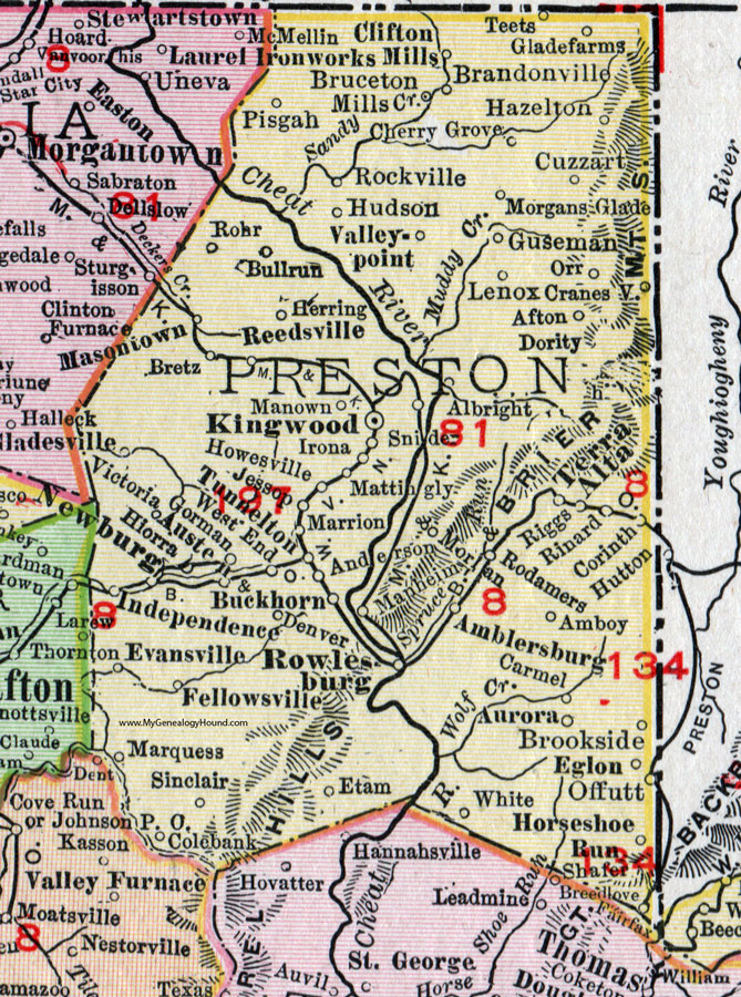 Pocahontas County, West Virginia 1911 Map by Rand McNally, Kingwood, Masontown, Reedsville, Terra Alta, Albright, Cuzzart, Horseshoe Run, Bruceton Mills, Hazleton, Bretz, Newburg, Independence, Fellowsville, Tunnelton, Corinth, Rowlesburg, WV