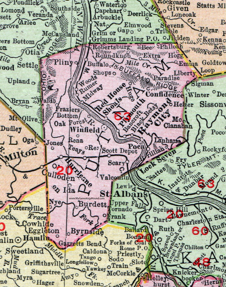 Putnam County, West Virginia 1911 Map by Rand McNally, Winfield, Hurricane, Bancroft, Red House Shoals, Raymond City, Plymouth, Confidence, Poca, Scott Depot, Teays, Fraziers Bottom, Buffalo, Pliny, Liberty, Byrnside, WV