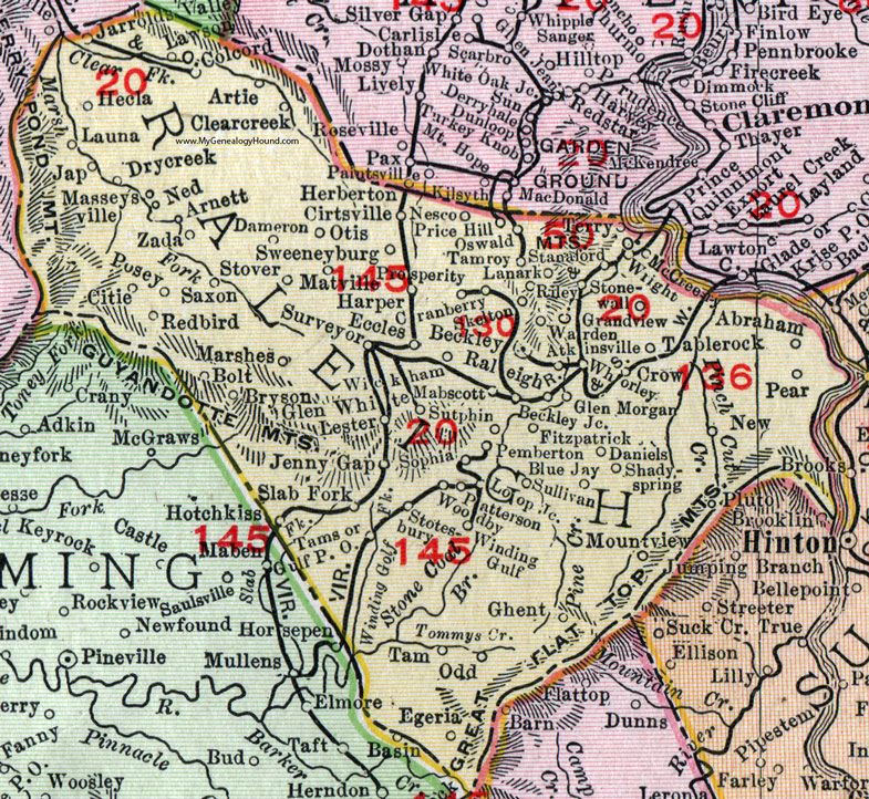 Raleigh County, West Virginia 1911 Map by Rand McNally, Beckley, Glen Morgan, Sophia, Blue Jay, Daniels, Glen White, Lester, Skelton, Prosperity, Stanaford, Shady Spring, Arnett, Sweenyburg, Stotesbury, Colcord, Cirtsville, WV
