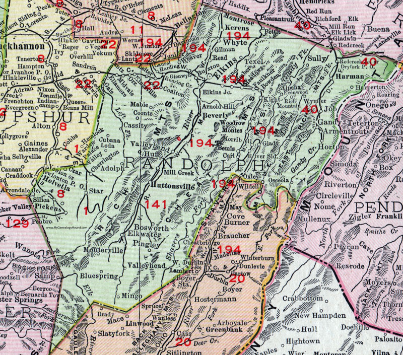 Randolph County, West Virginia 1911 Map by Rand McNally, Elkins, Huttonsville, Harman, Monterville, Valley Bend, Helvetia, Pickens, Mingo, Montrose, Kerens, Coalton, Mabie, Beverly, Bowden, Wymer, Whyte, Bemis, Glady, WV