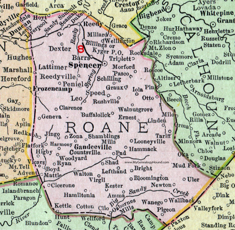 Roane County, West Virginia 1911 Map by Rand McNally, Spencer, Reedy, Walton, Gandeeville, Harmony, Walton, Looneyville, Left Hand, Amma, Newton, Tariff, Linden, Clio, Shamblings Mills, WV