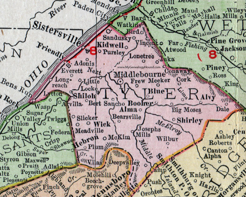 Tyler County, West Virginia 1911 Map by Rand McNally, Middlebourne, Sisterville, Shirley, Paden City, Alvy, Alma, Friendly, Bens Run, Wick, Kidwell, Adonis, Sancho, McKim, Pursley, WV