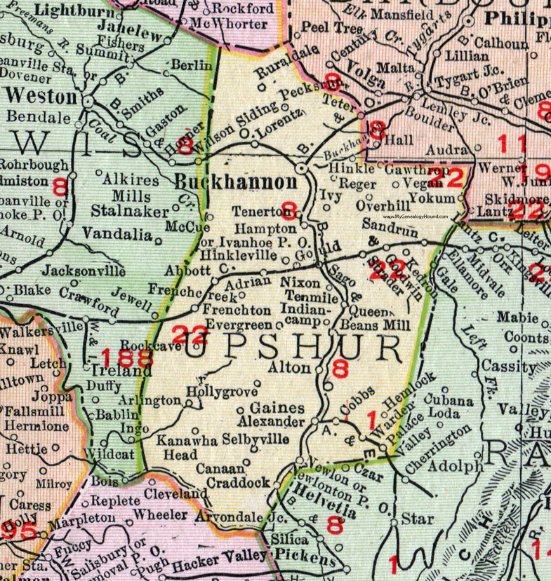 Upshur County, West Virginia 1911 Map by Rand McNally, Buckhannon, Adrian, Frenchton, Lorentz, Abbott, French Creek, Rock Cave, Alexander, Kanawha Head, Selbyville, Alexander, Beans Mill, Hinkle, Gawthrop, WV