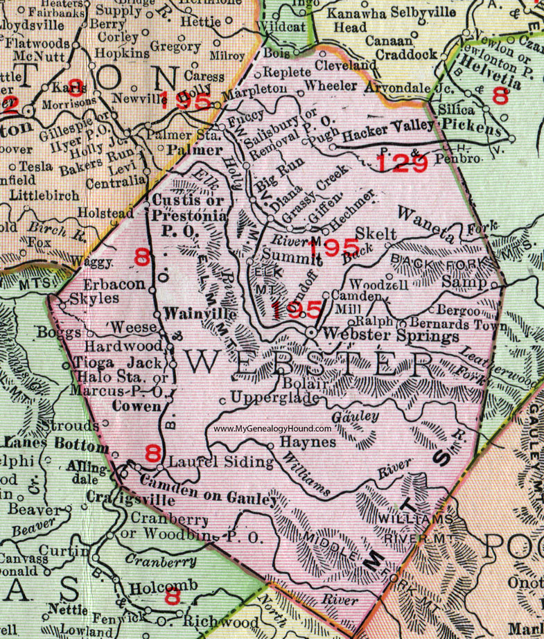 Webster County, West Virginia 1911 Map by Rand McNally, Webster Springs, Cowen, Camden on Gauley, Upperglade, Erbacon, Boggs, Big Run, Diana, Bergoo, Bolair, Cleveland, Hechmer, Weese, Woodzell, WV