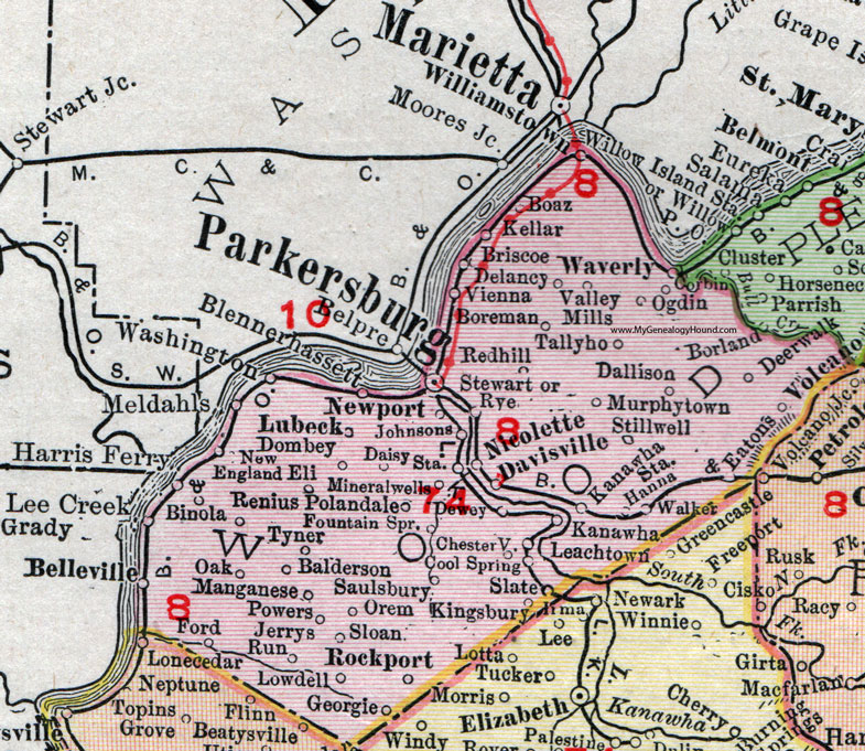 Wood County, West Virginia 1911 Map by Rand McNally, Parkersburg, Vienna, Williamstown, Nicolette, Davisville, Newport, Lubeck, Waverly, Volcano, Boaz, Mineral Wells, Kanawha, Washington, Belleville, Walker, WV