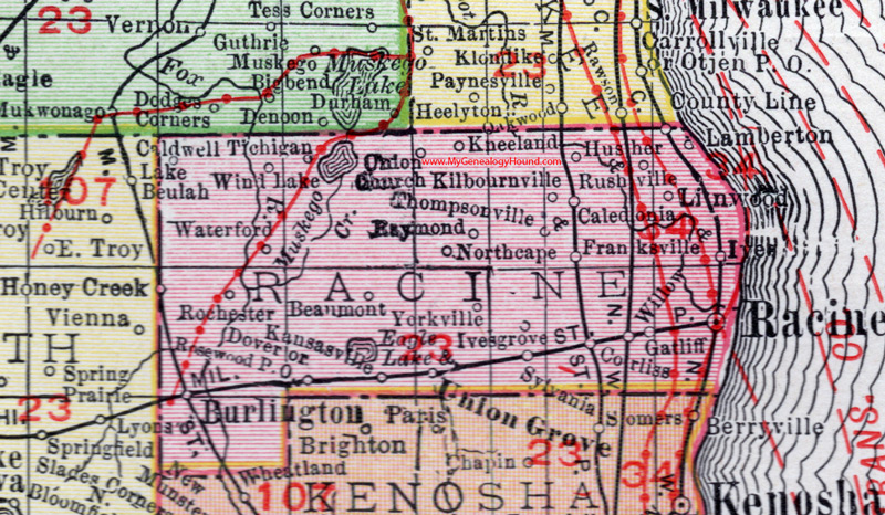 Racine County, Wisconsin, map, 1912, Burlington, Racine City, Waterford, Kansasville, Honey Creek, Rochester, Wind Lake, North Cape, Caledonia, Franksville, Sylvania, Ives Grove, Yorkville, Union Church
