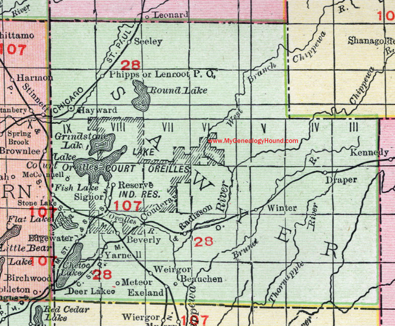 Sawyer County, Wisconsin, Map, 1912, Hayward, Birchwood, Radisson, Yarnell, Draper, Meteor