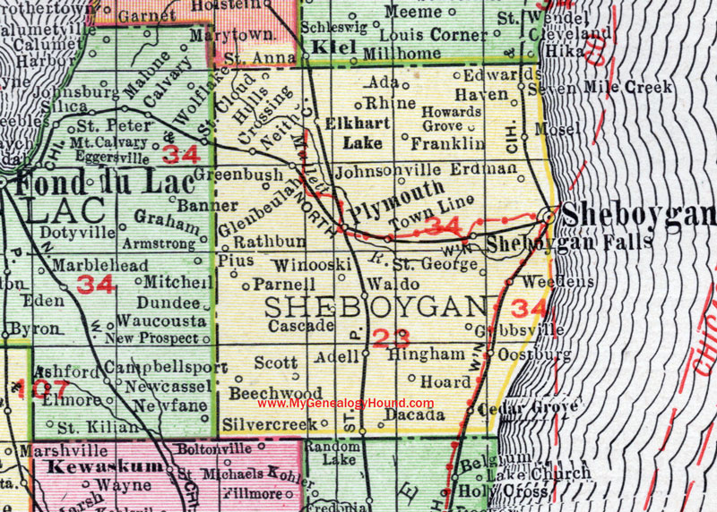 Sheboygan County, Wisconsin, map, Plymouth, Sheboygan Falls, Howards Grove, Oostburg, Greenbush, Rhine, Cedar Grove, 1912, historic